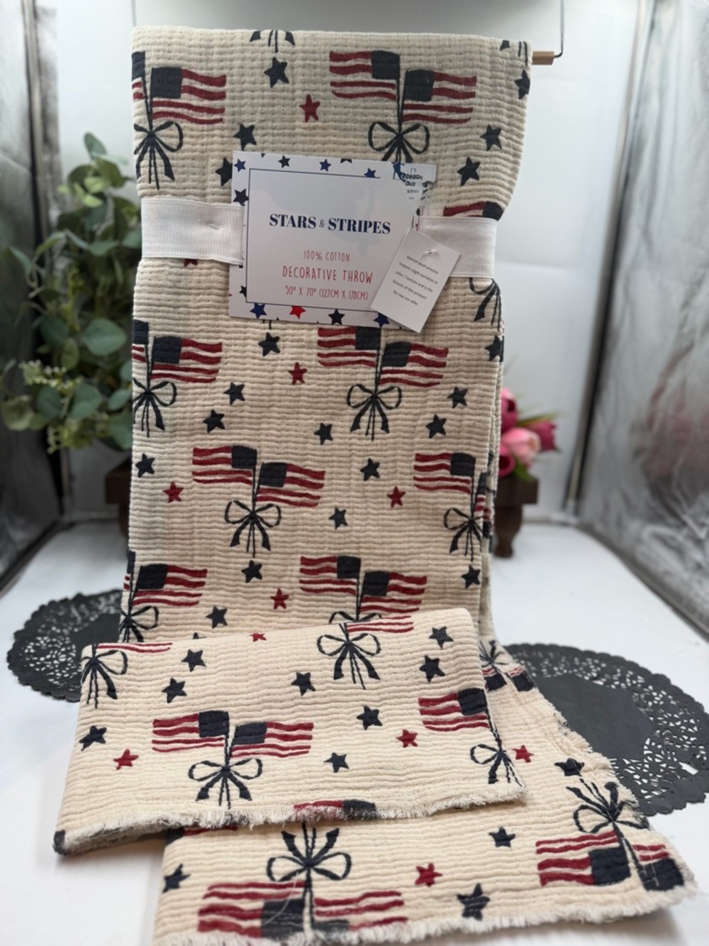 Stars & Stripes Patriotic Cotton Throw Blanket 50x70 Americana Flags Bows NWT